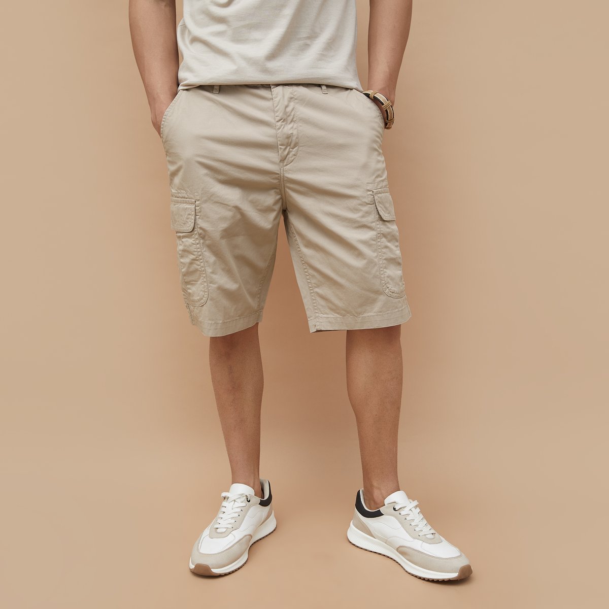 FAME FOREVER Solid Beige Cargo Shorts