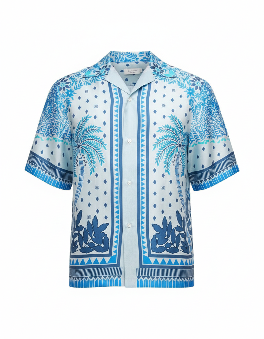 Men’s Oversized Bule & White Cuban Collar Shirt